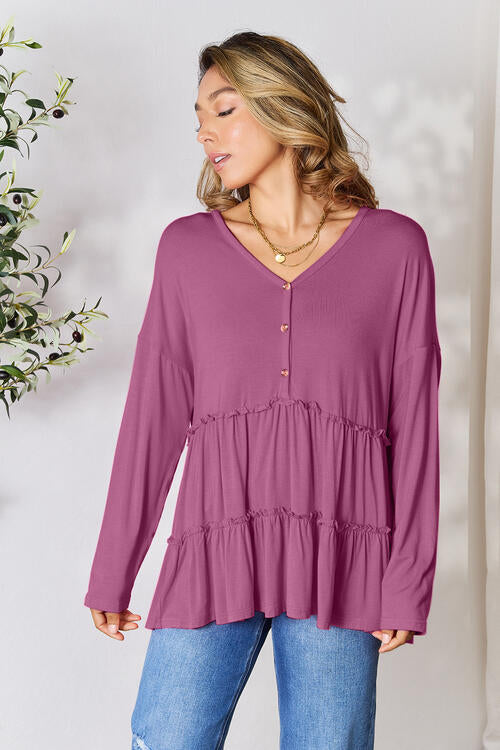 Long Sleeve Ruffle Hem Blouse