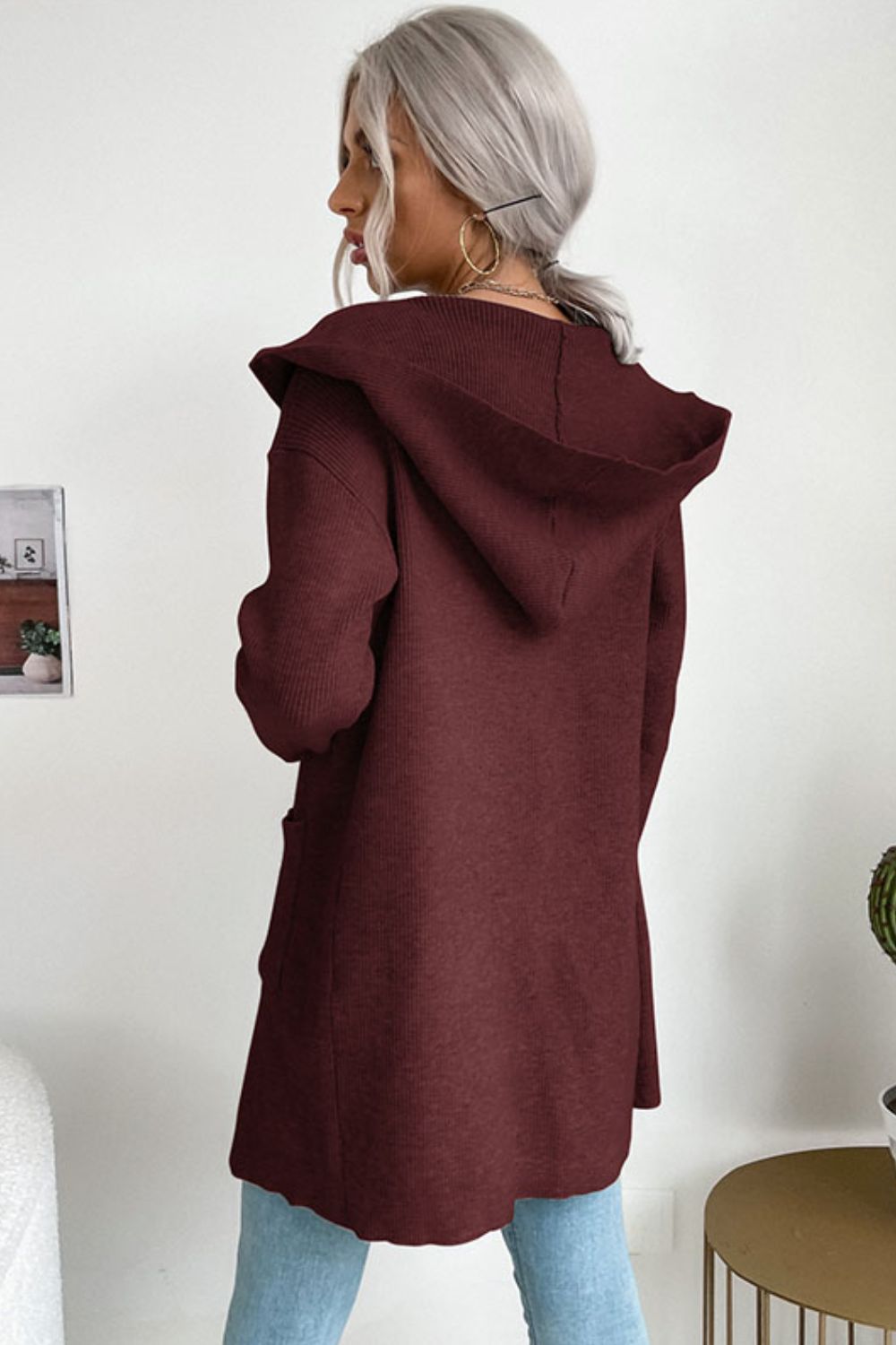 Solid Open Front Hooded Cardigan