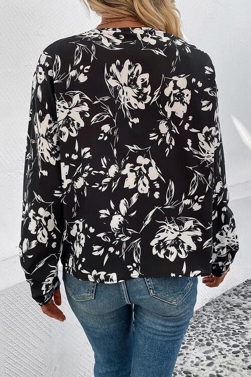 White Floral Long Sleeve Black Blouse