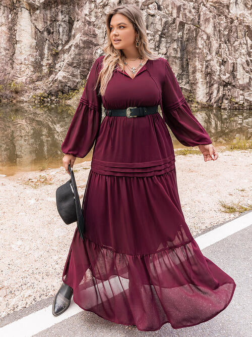 Tie Neck Long Sleeve Maxi Tiered Dress