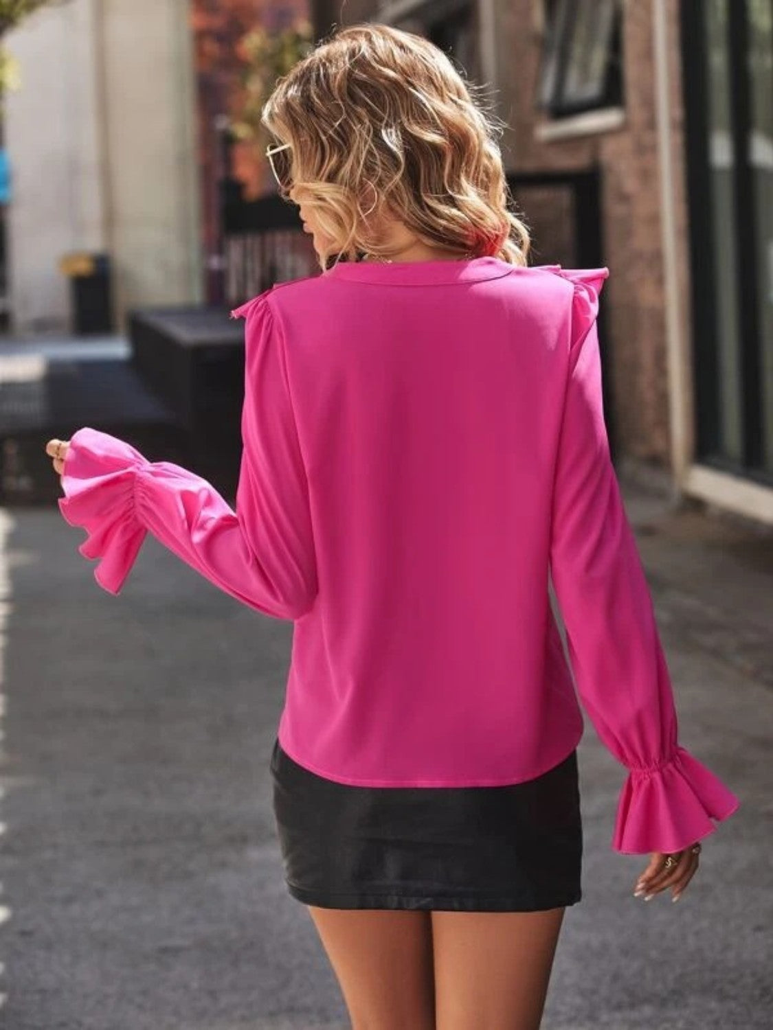 Ruffled V-Neck Flounce Sleeve Blouse