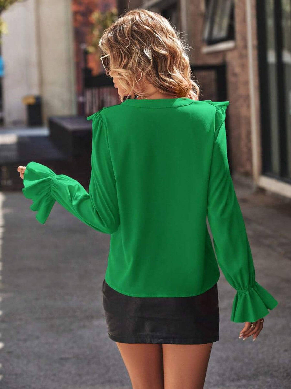 Ruffled V-Neck Flounce Sleeve Blouse