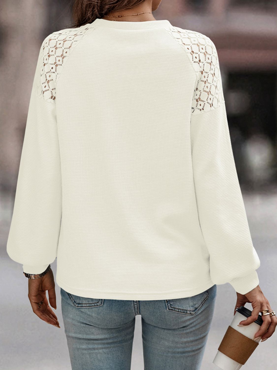 Lantern Sleeve Openwork Shoulder Blouse