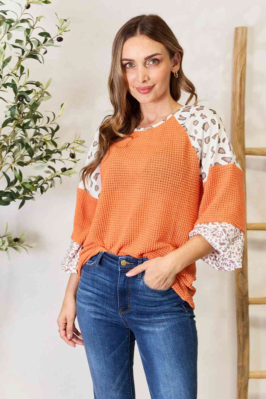 Leopard Waffle-Knit Long Sleeve Top