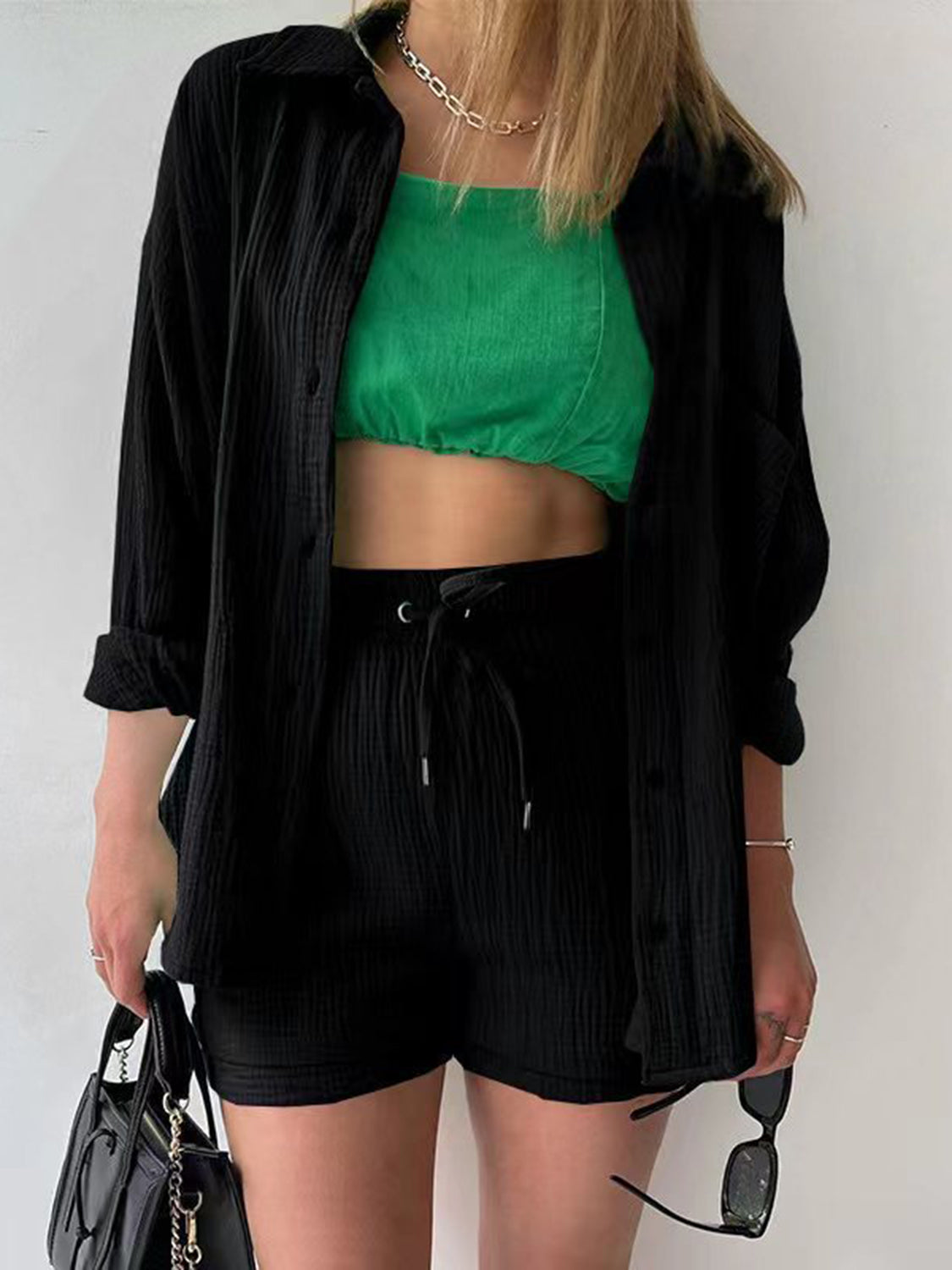 Textured Shirt and Drawstring Shorts Set