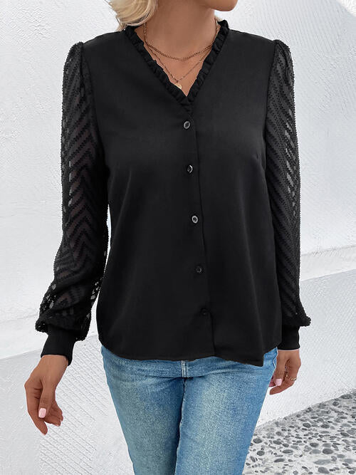 Black Mesh V-Neck Blouse