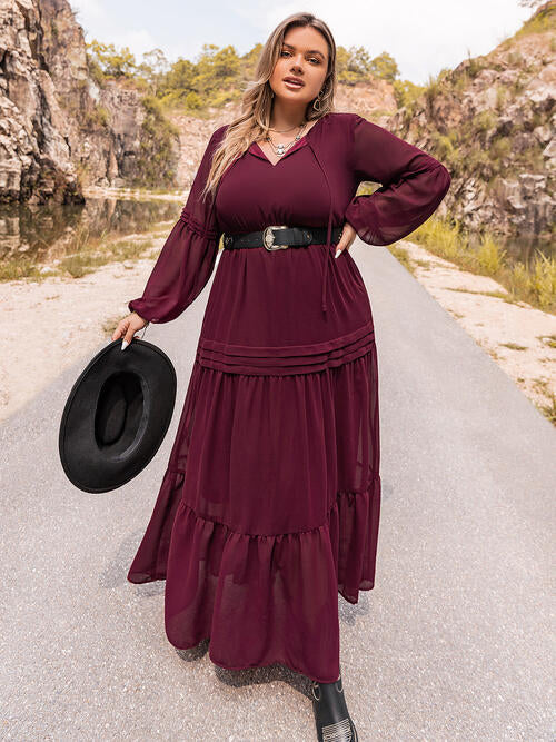 Tie Neck Long Sleeve Maxi Tiered Dress