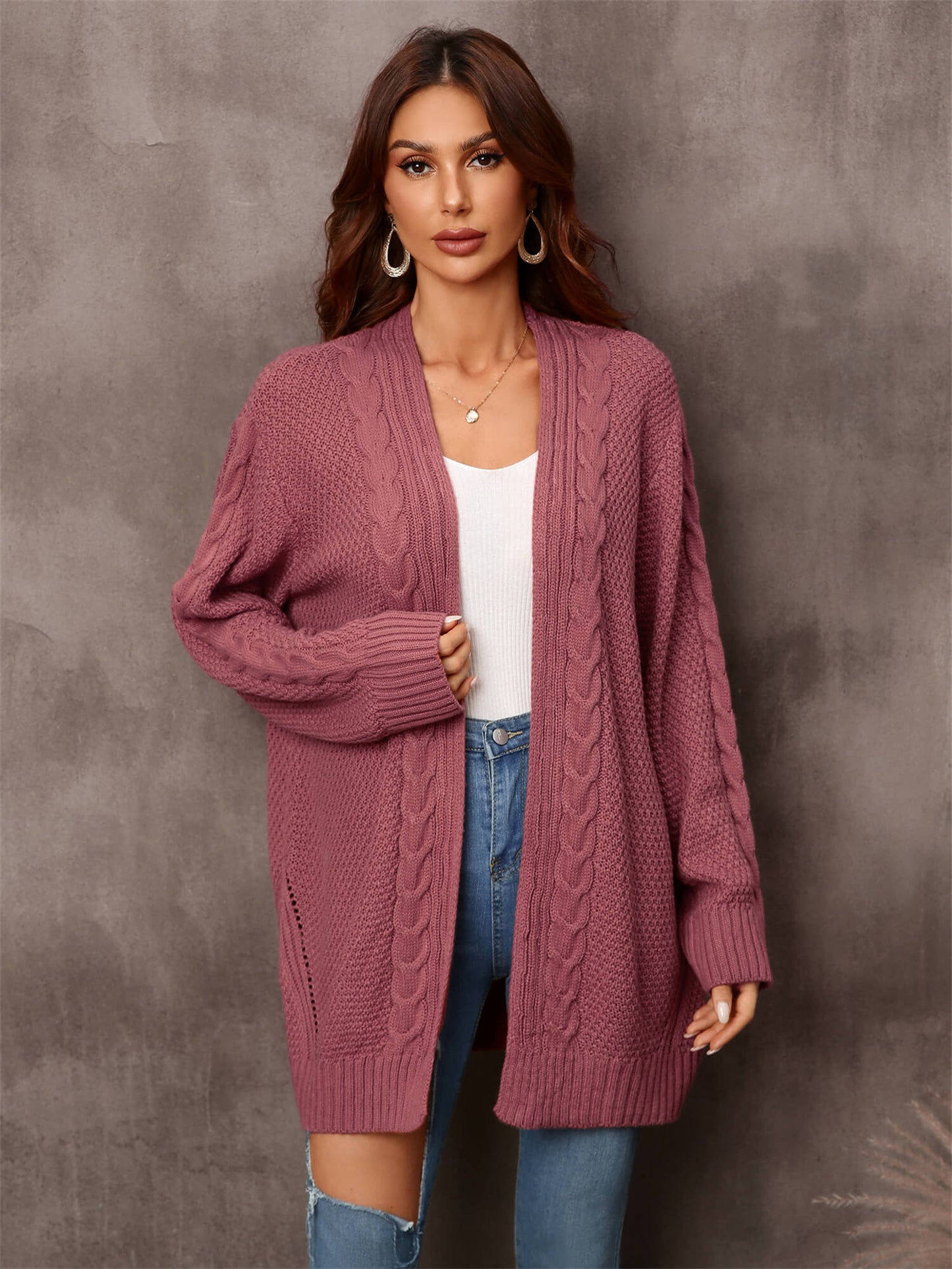 Solid Woven Knit Open Front Cardigan