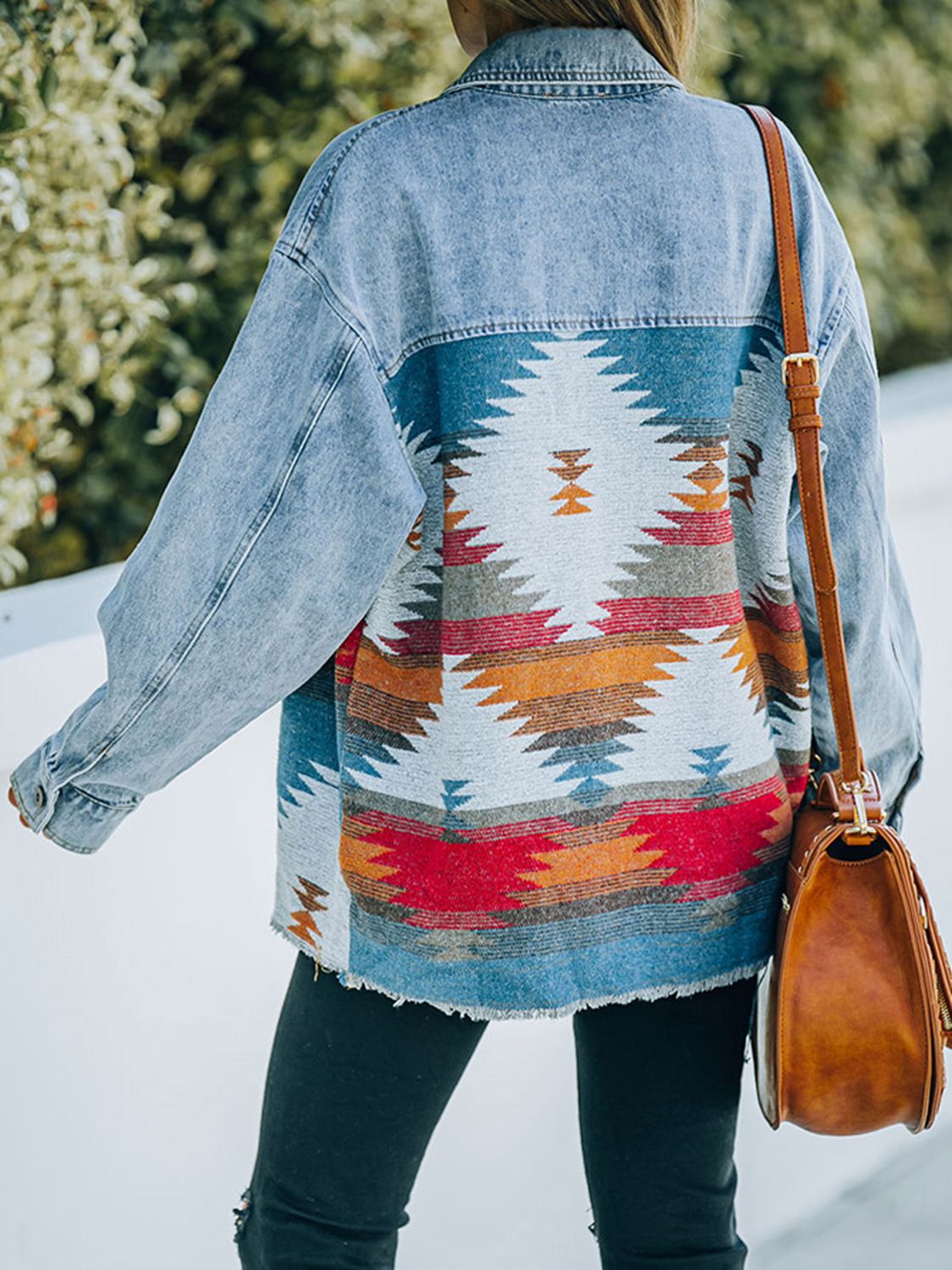 Geometric Print Accented Denim Jacket