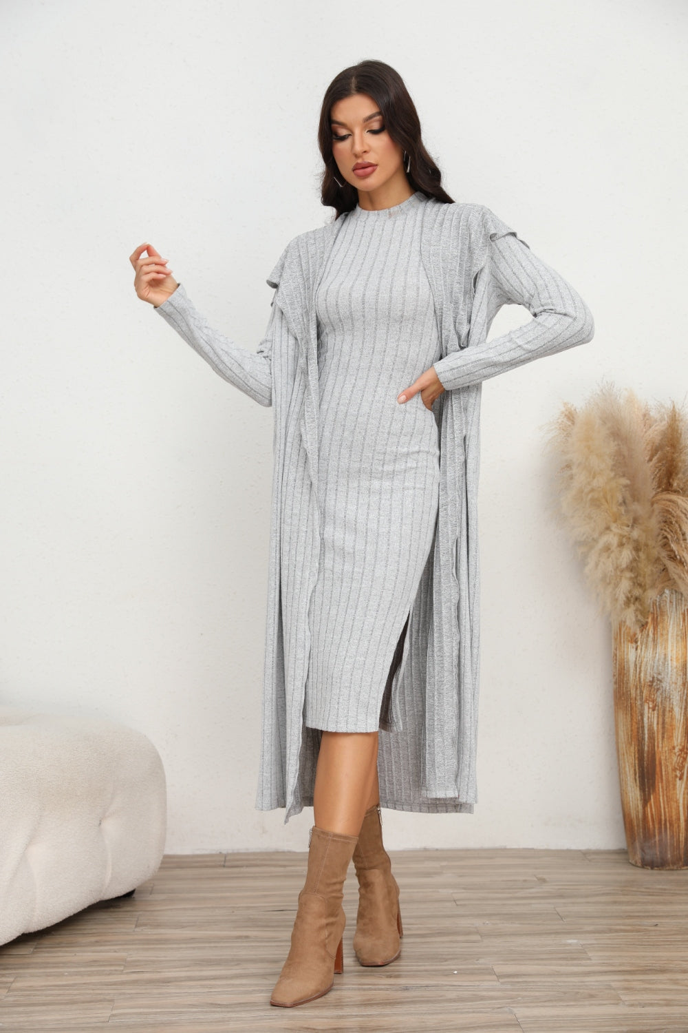 Ribbed-Knit Dress and Cardigan Set