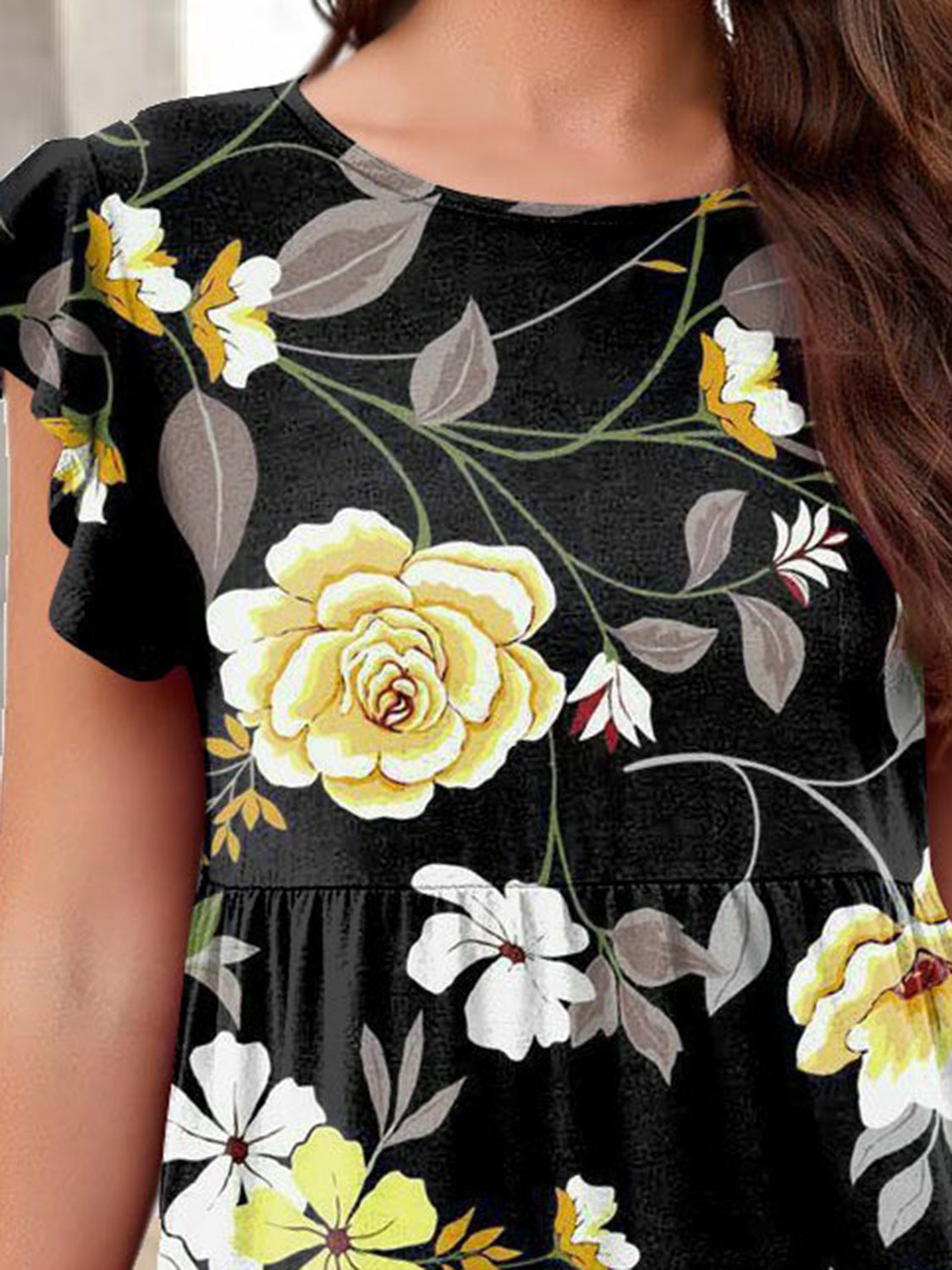 Floral Print Round Neck Tiered Dress