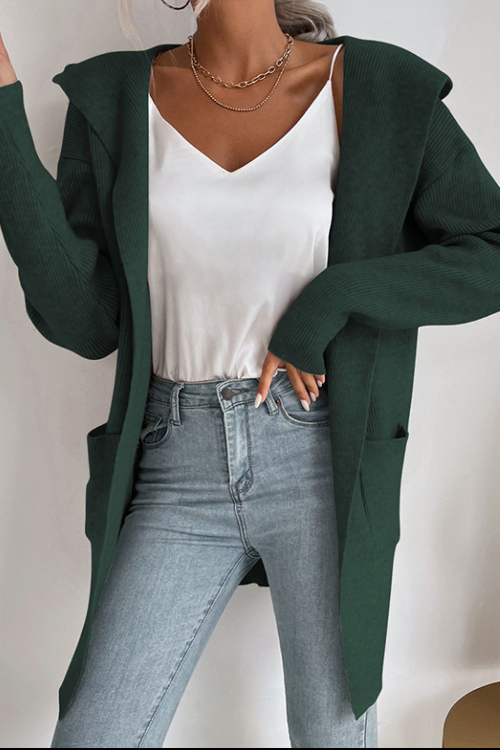 Solid Open Front Hooded Cardigan