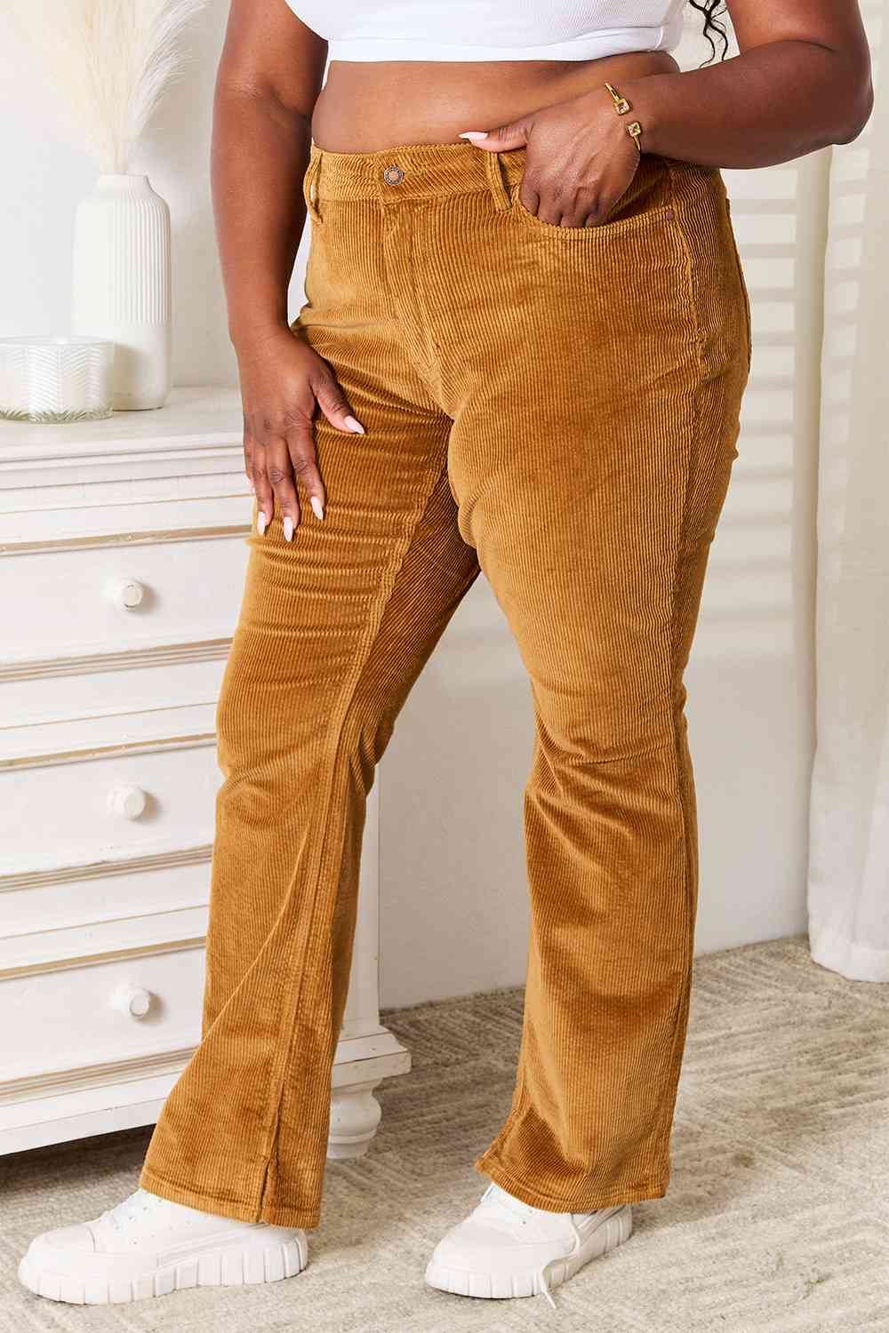 Camel Mid Rise Corduroy Bootcut Pants