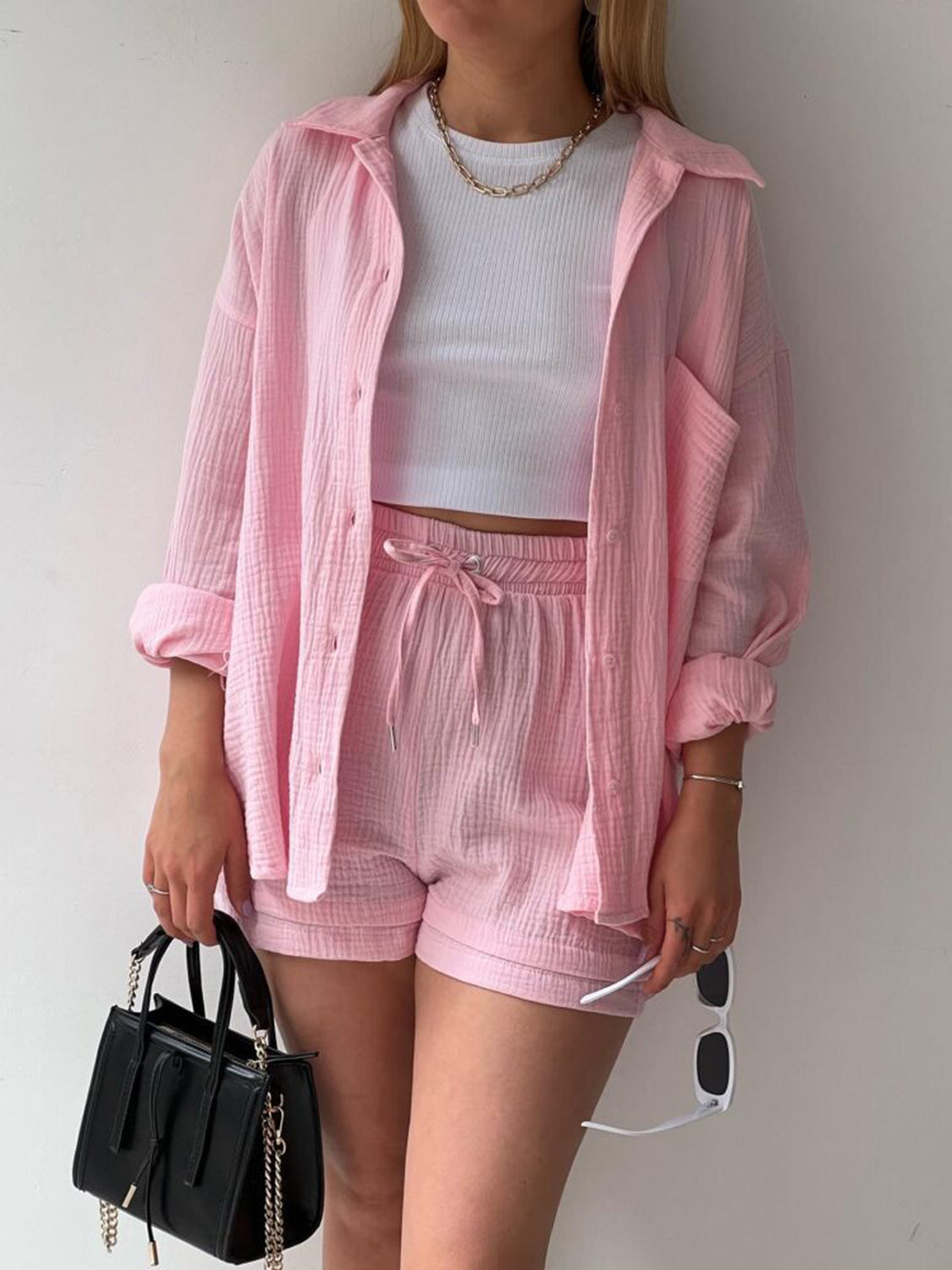 Textured Shirt and Drawstring Shorts Set