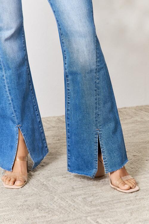 Med Blue Slit Flare Jeans