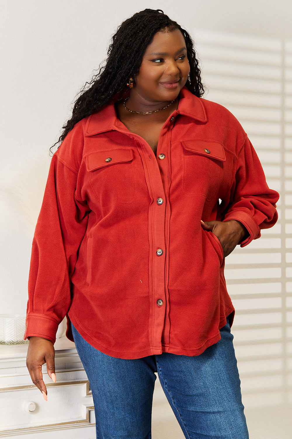 Red-Rust Casual Button Front Jacket