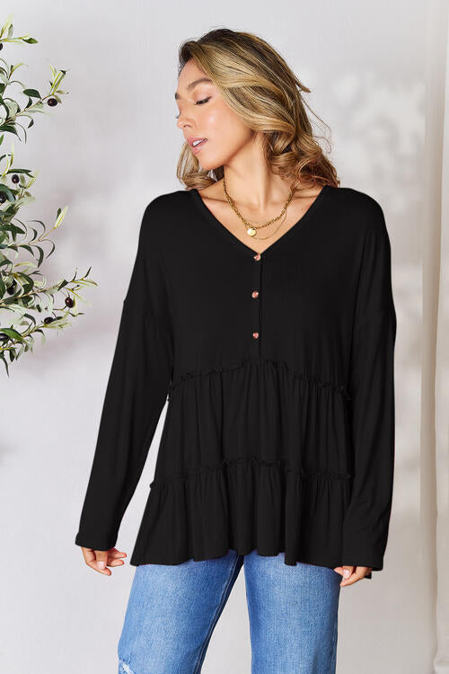 Long Sleeve Ruffle Hem Blouse