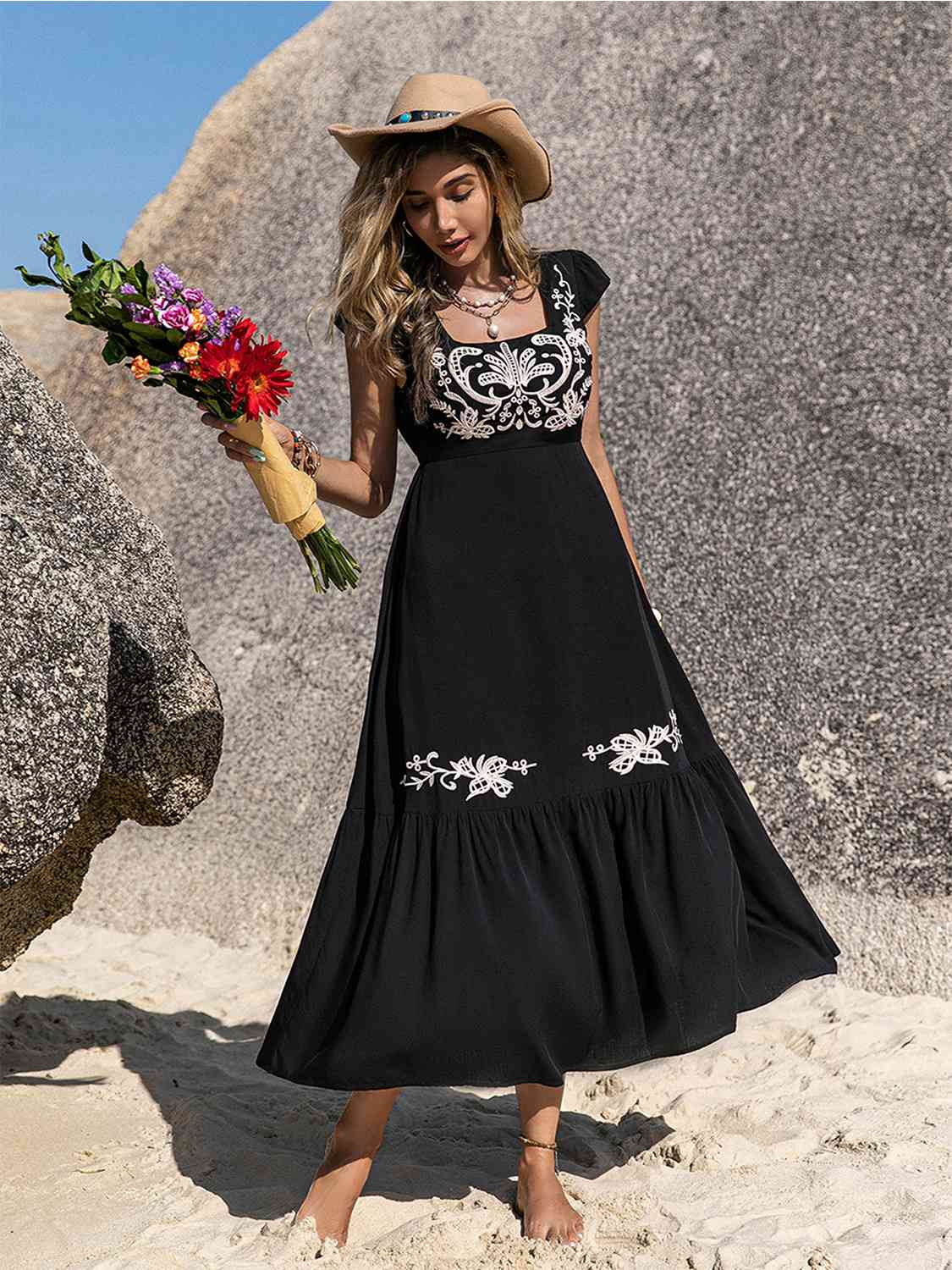 Embroidered Square Neck Midi Dress