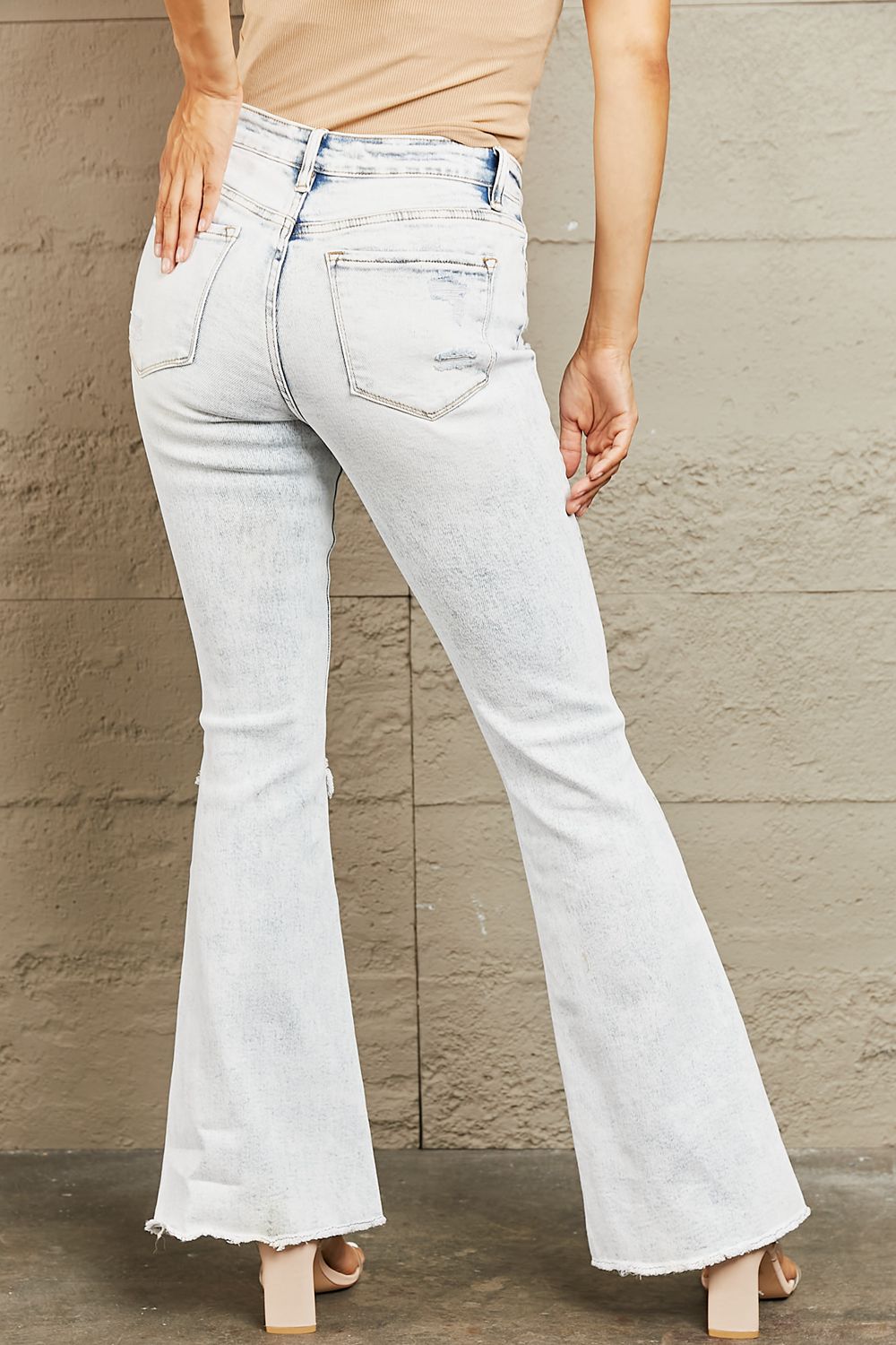 Mid Rise Acid Wash Distressed Flare Jeans