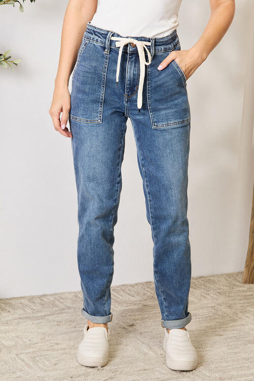 High Waist Drawstring Denim Jeans