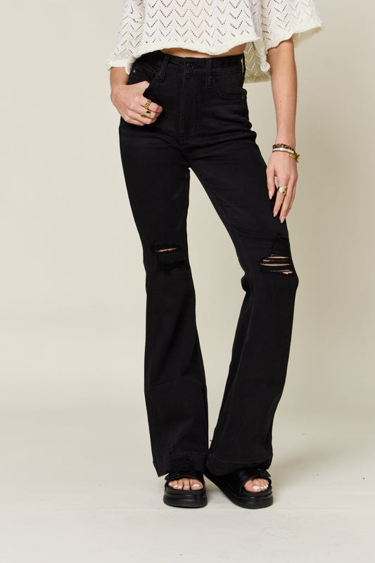 High Waist Distressed Flare Black Jeans