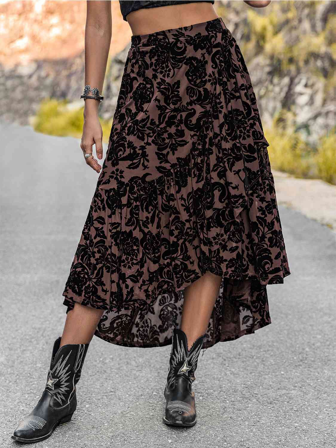 Floral Contrast Ruffled Midi Skirt