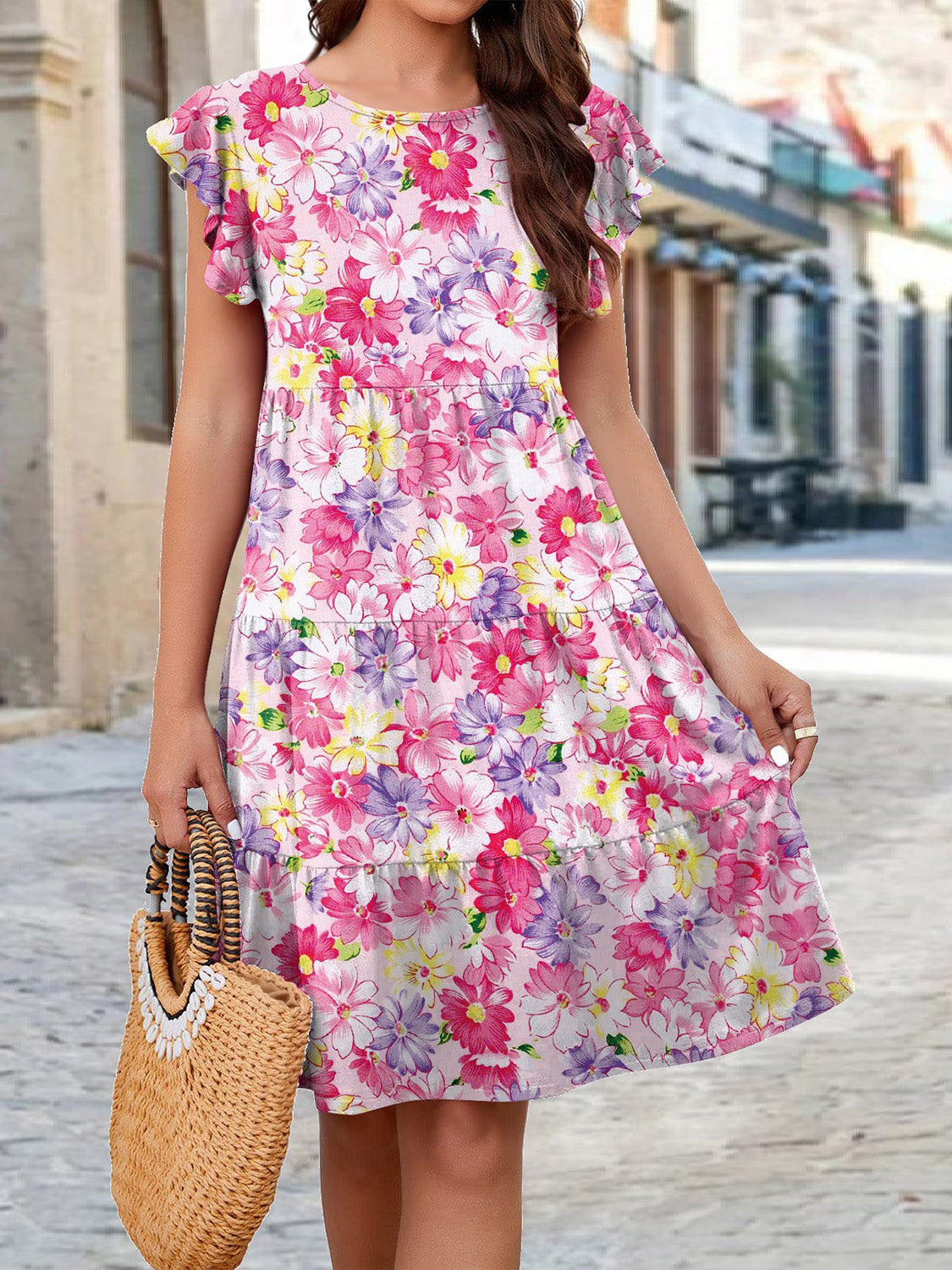 Floral Print Round Neck Tiered Dress