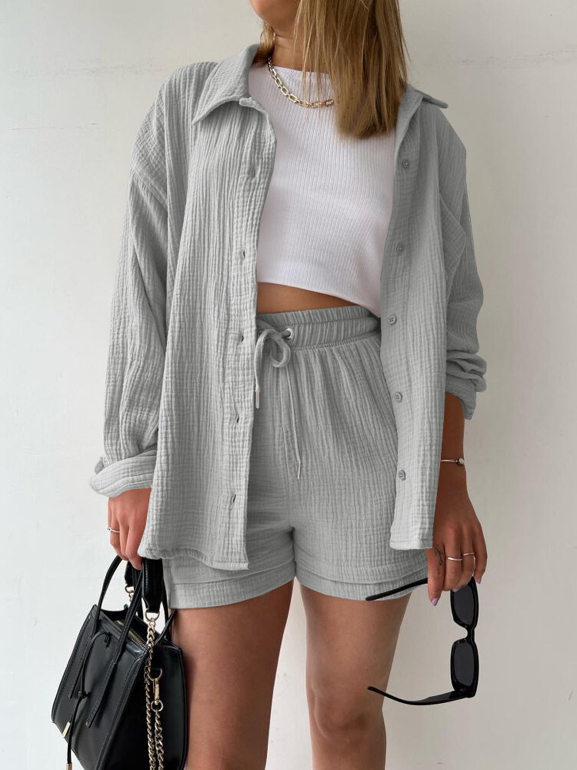 Textured Shirt and Drawstring Shorts Set