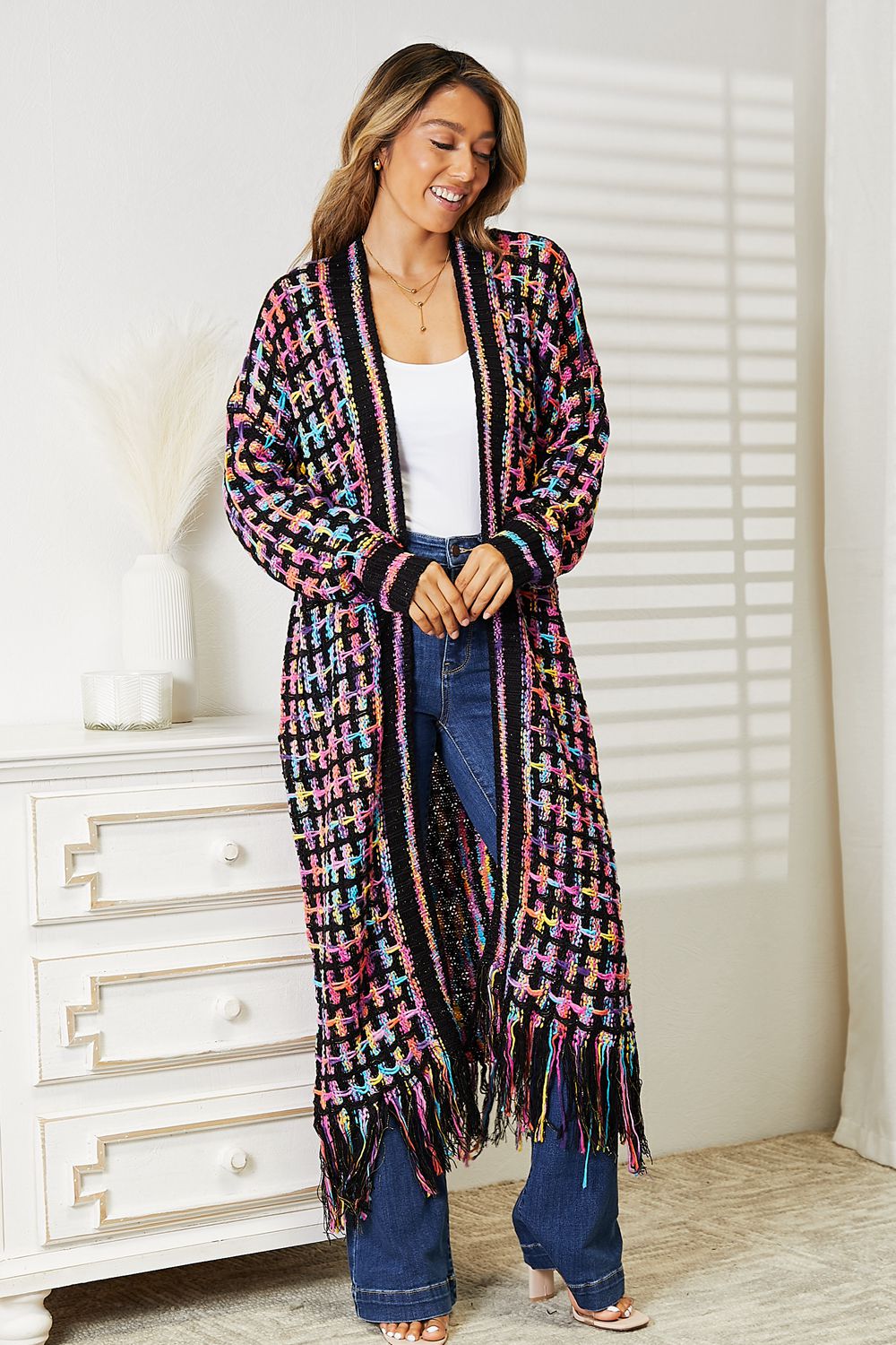 Multicolored Fringe Hem Duster Cardigan