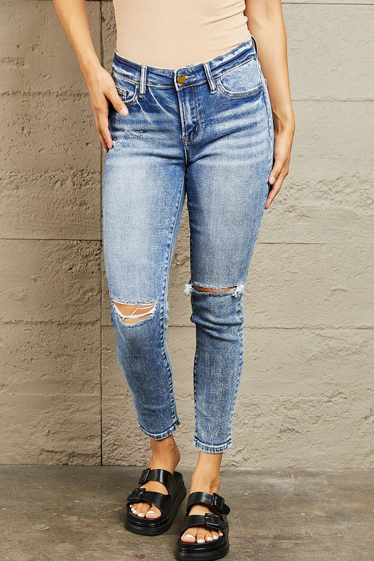 Cropped Mid Rise Distressed Skinny Jeans