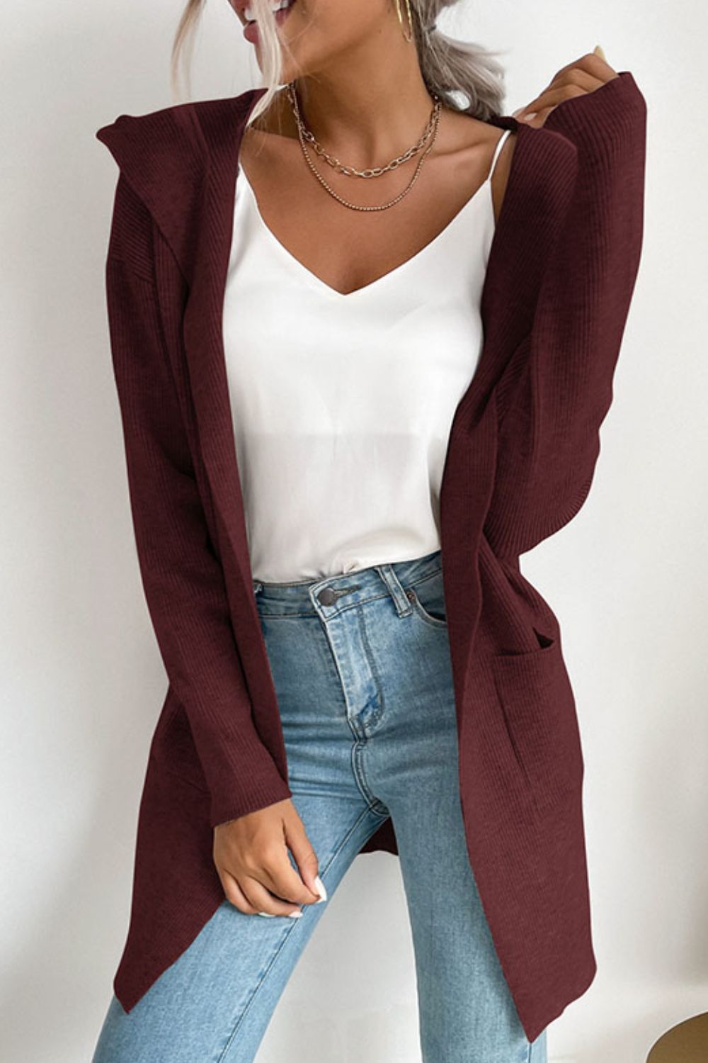 Solid Open Front Hooded Cardigan