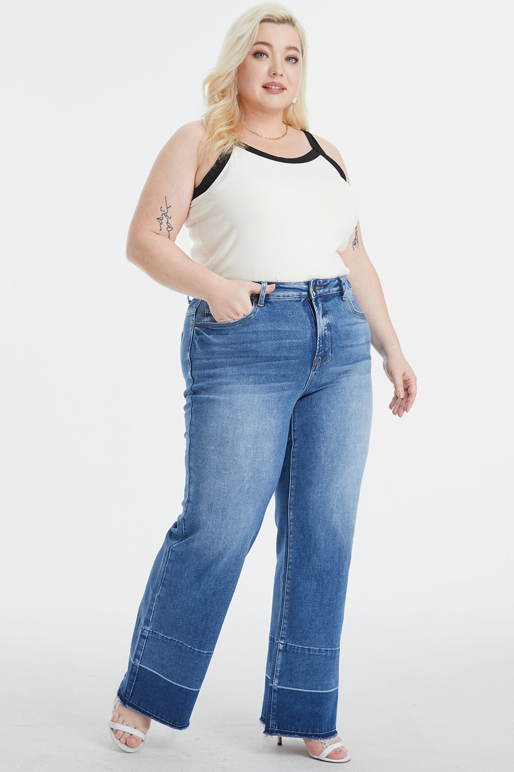 Contrast High Waist Wide Leg Jeans