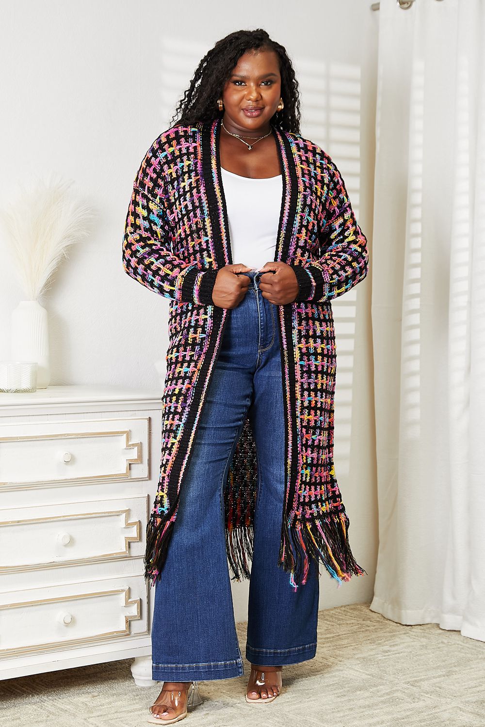 Multicolored Fringe Hem Duster Cardigan