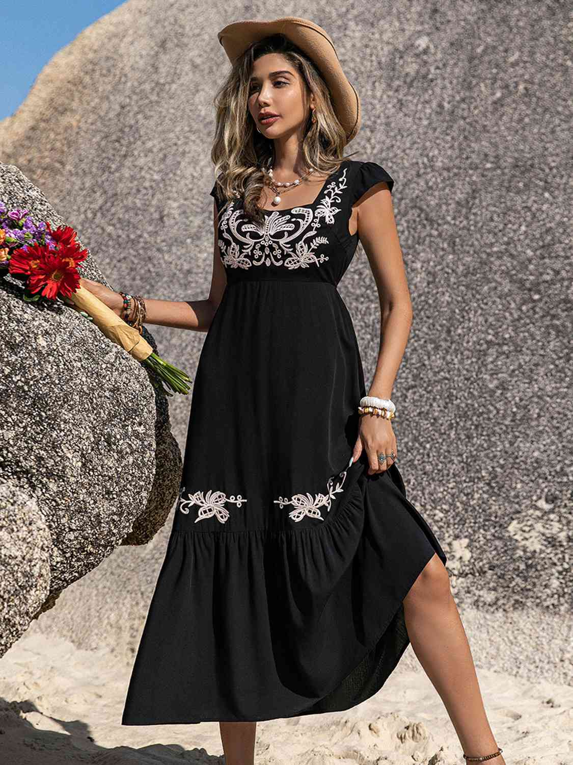 Embroidered Square Neck Midi Dress