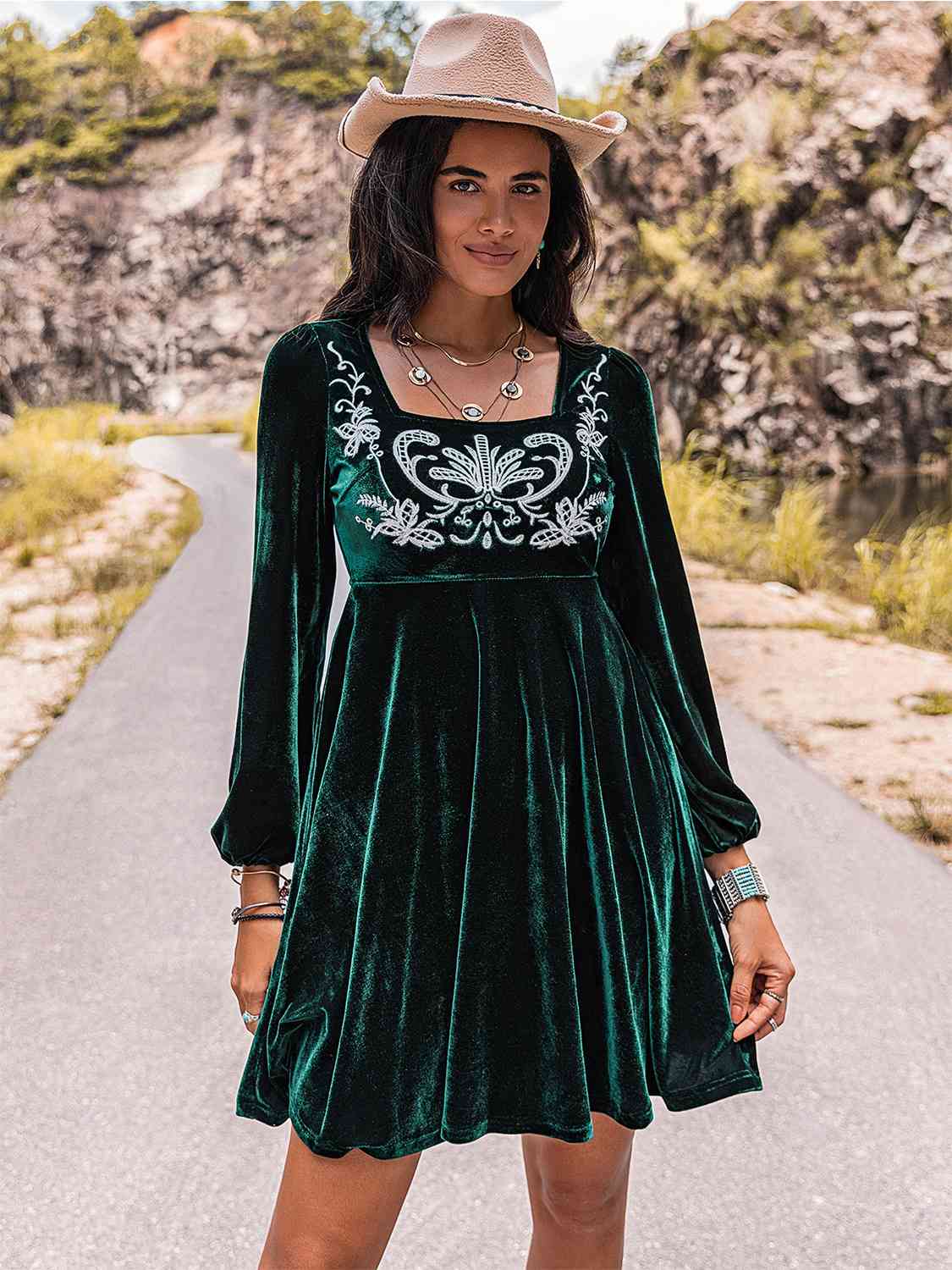 Embroidered Front Square Neck Mini Dress