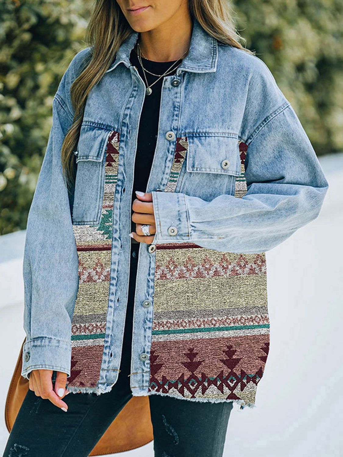 Geometric Print Accented Denim Jacket