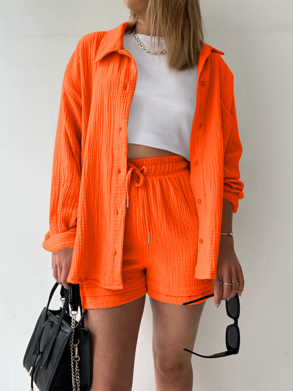 Textured Shirt and Drawstring Shorts Set