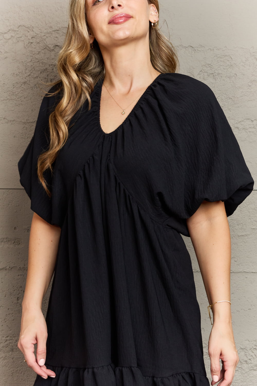 Black V-Neck Puff Sleeve Mini Dress