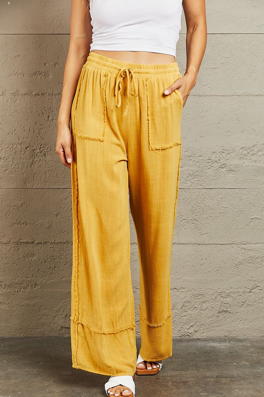 Mustard Mineral Wash Wide Leg Pants