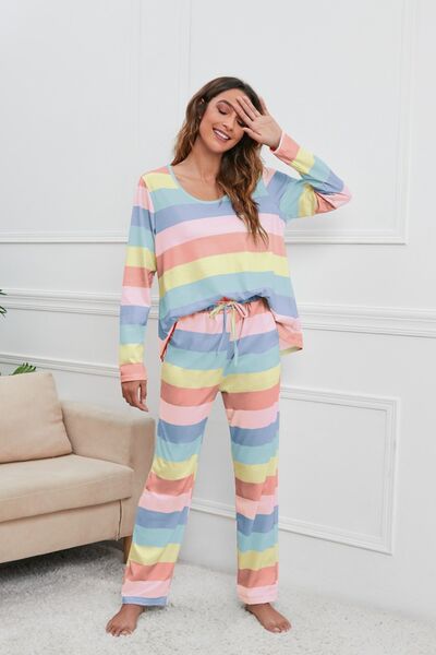 Striped Top and Drawstring Pants Lounge Set