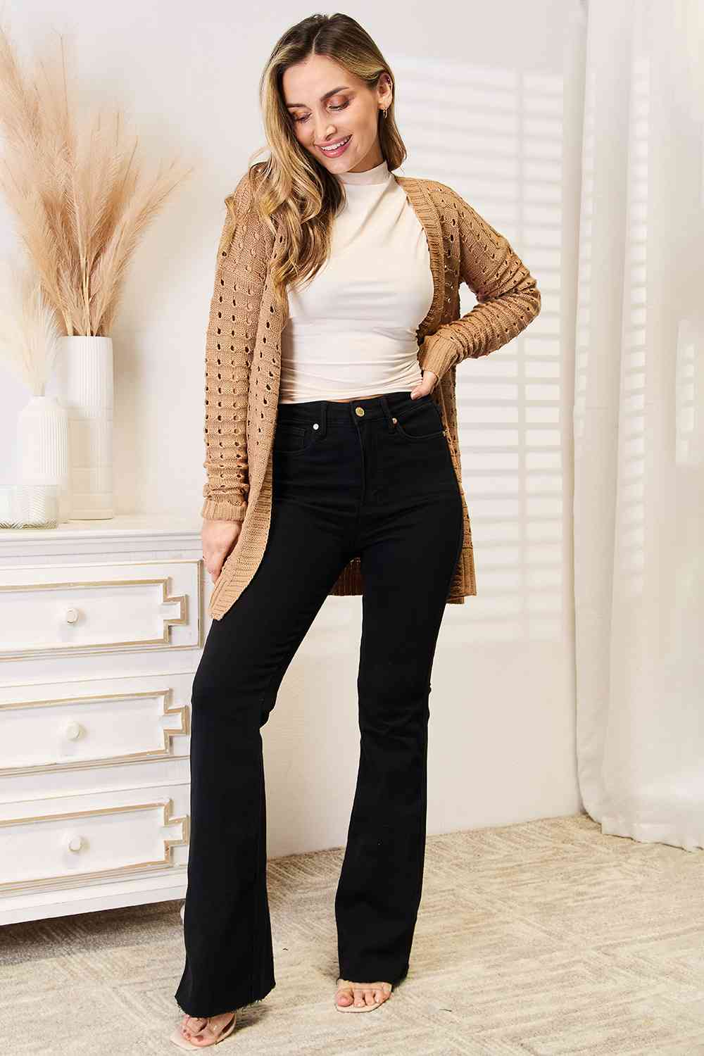 Openwork Ribbing Open Front Cardigan