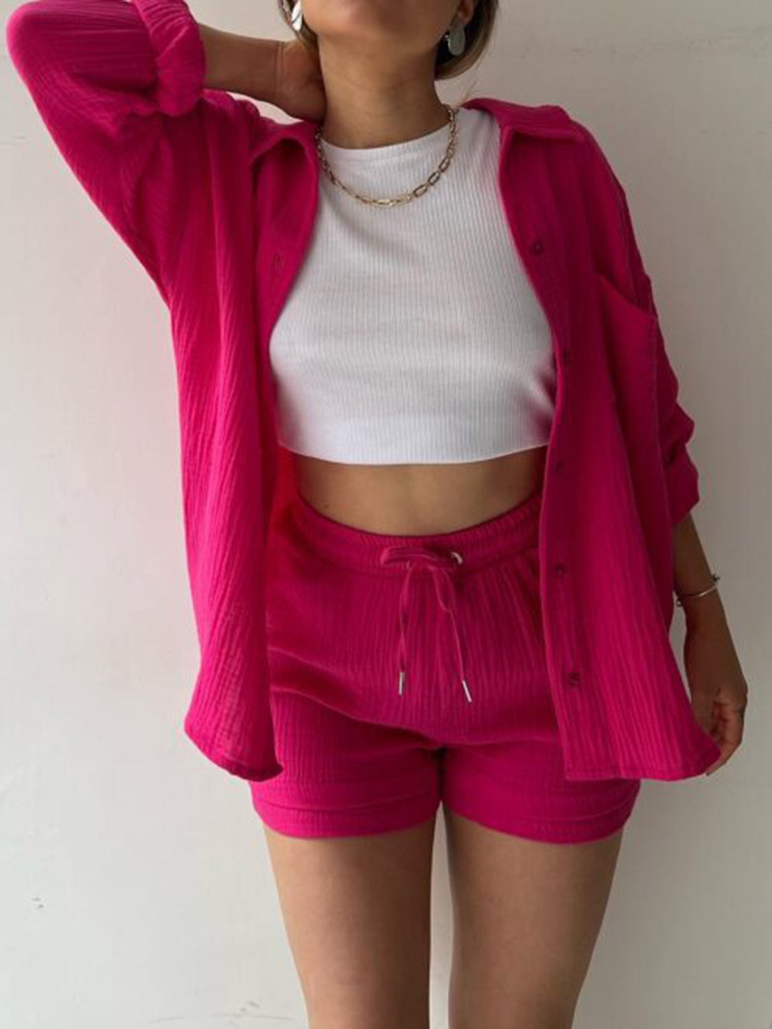 Textured Shirt and Drawstring Shorts Set