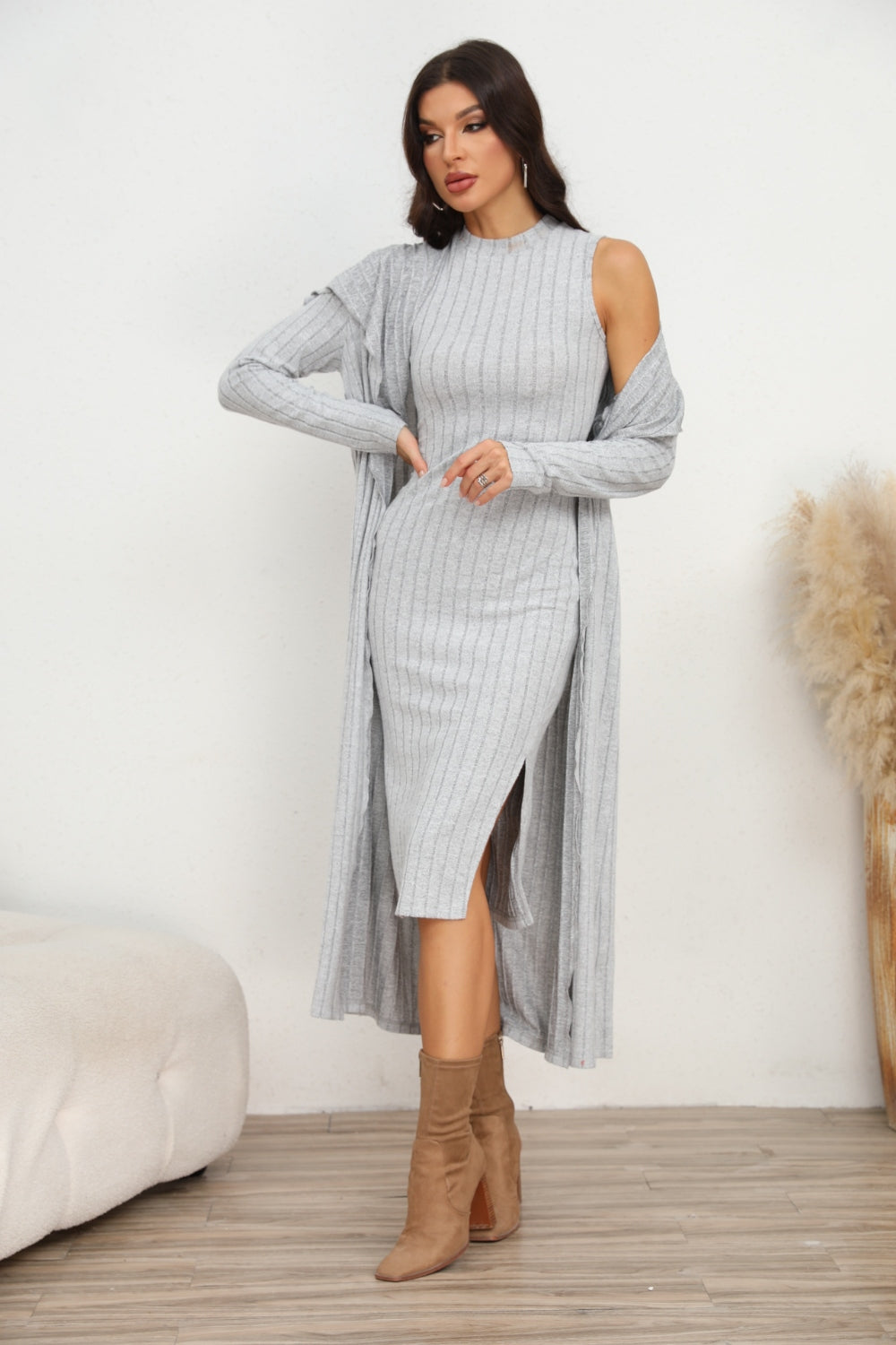 Ribbed-Knit Dress and Cardigan Set