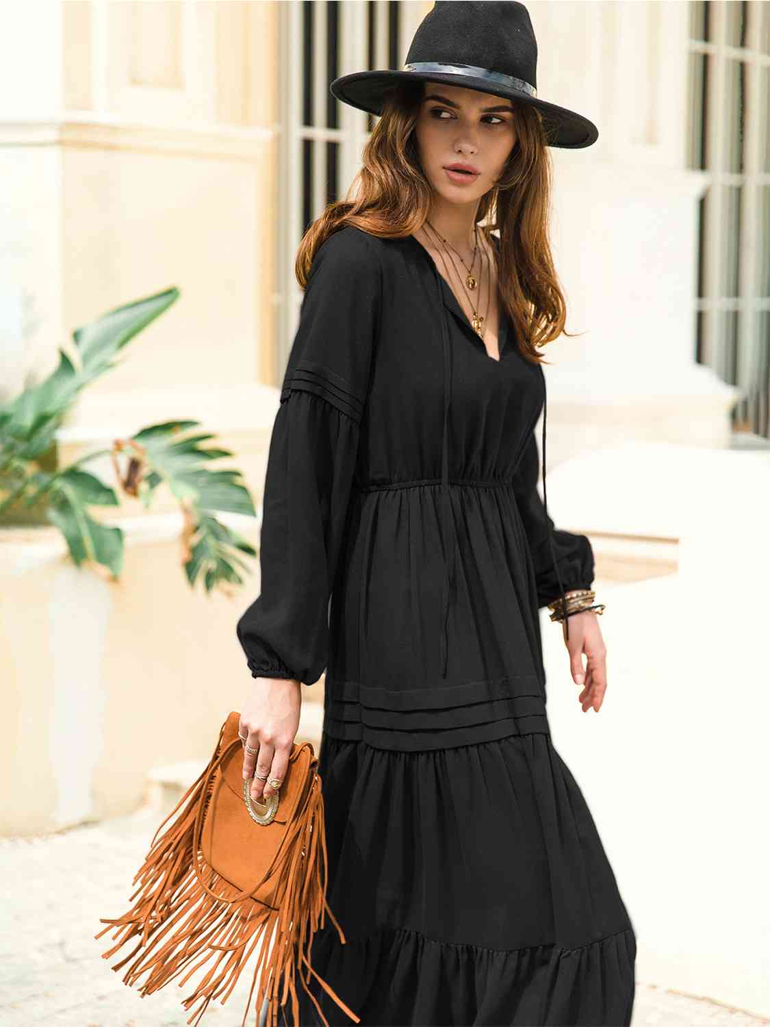 Tie Neck Long Sleeve Black Midi Dress