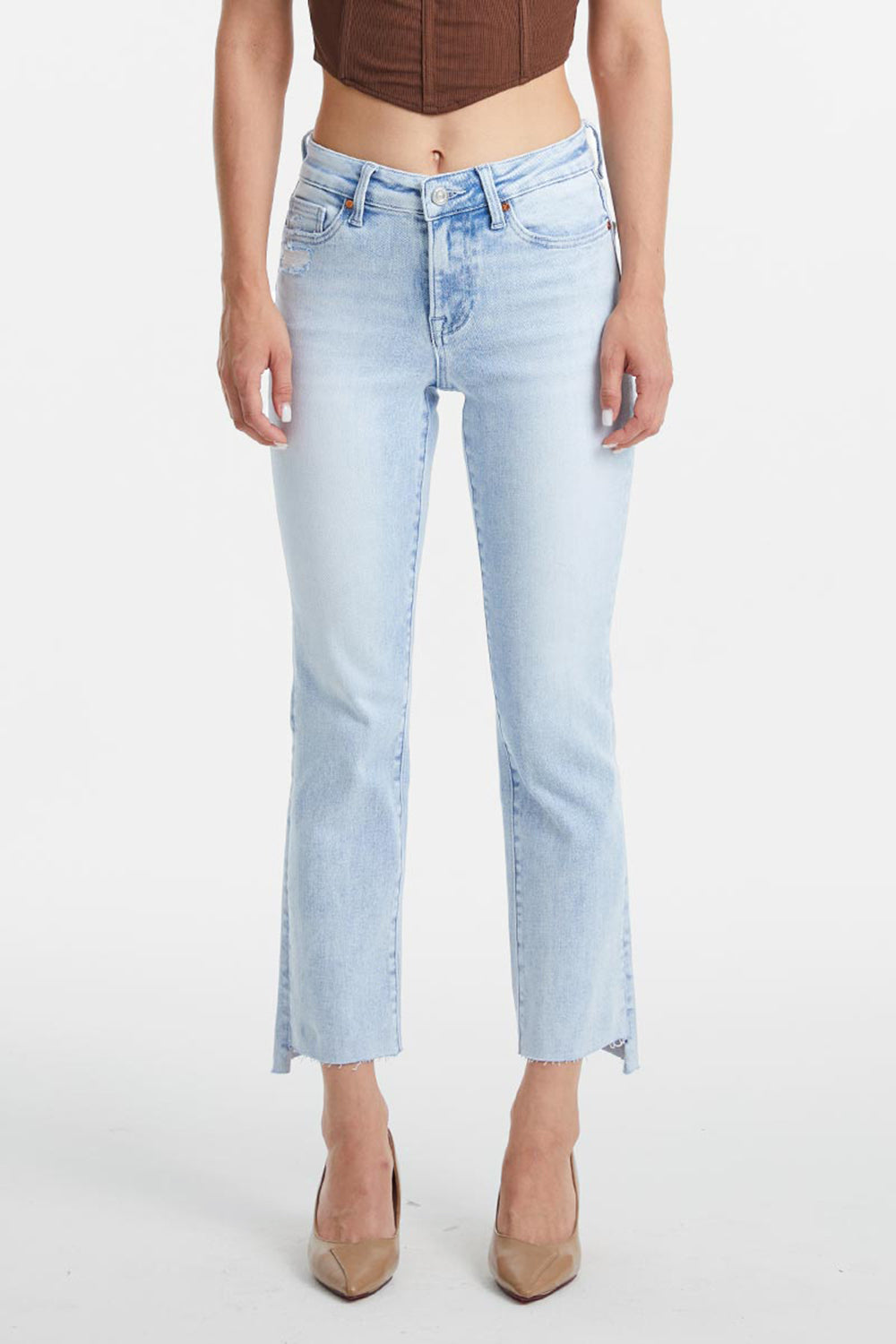 Light Wash High Waist Raw Hem Straight Jeans