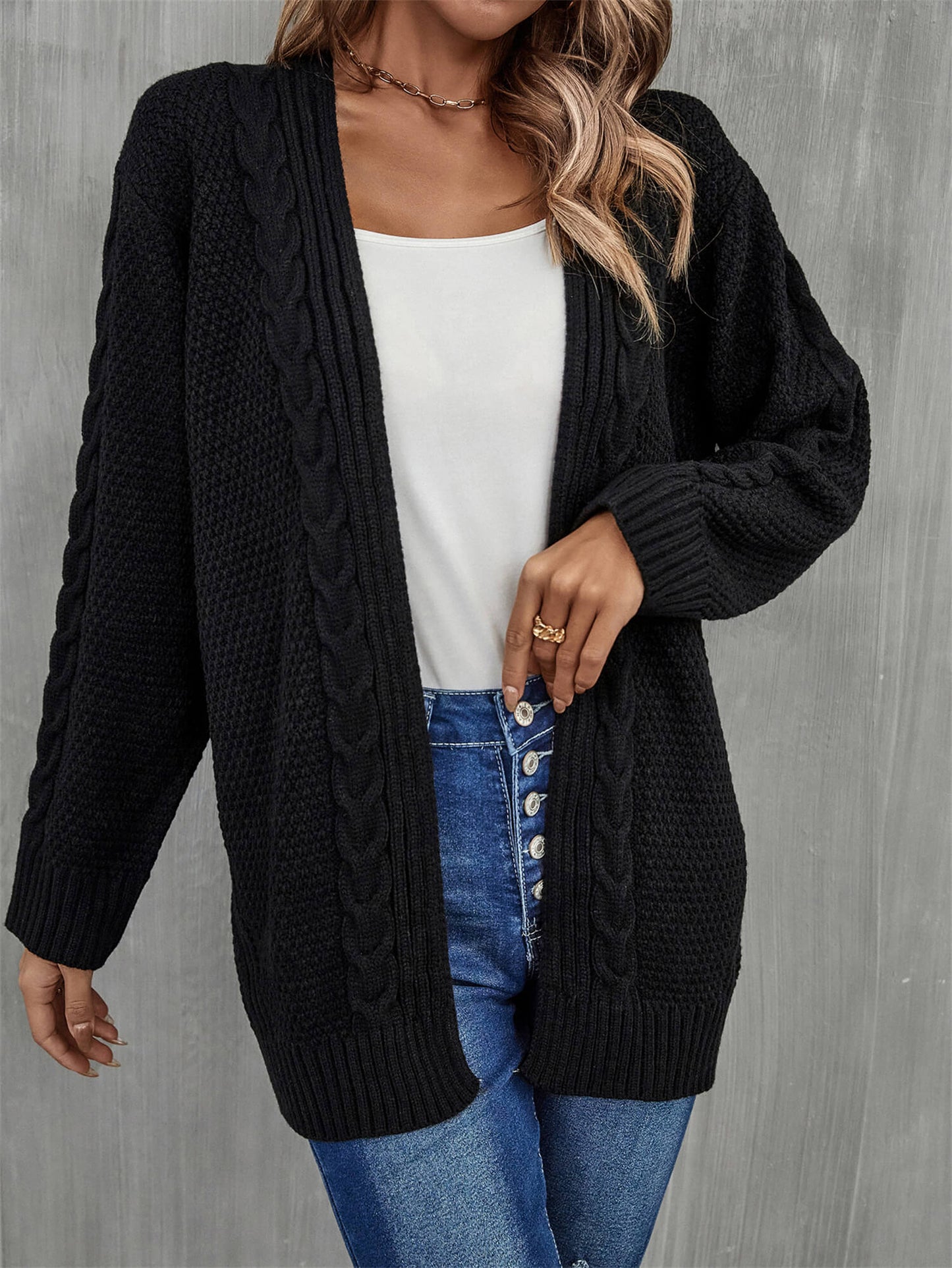 Solid Woven Knit Open Front Cardigan