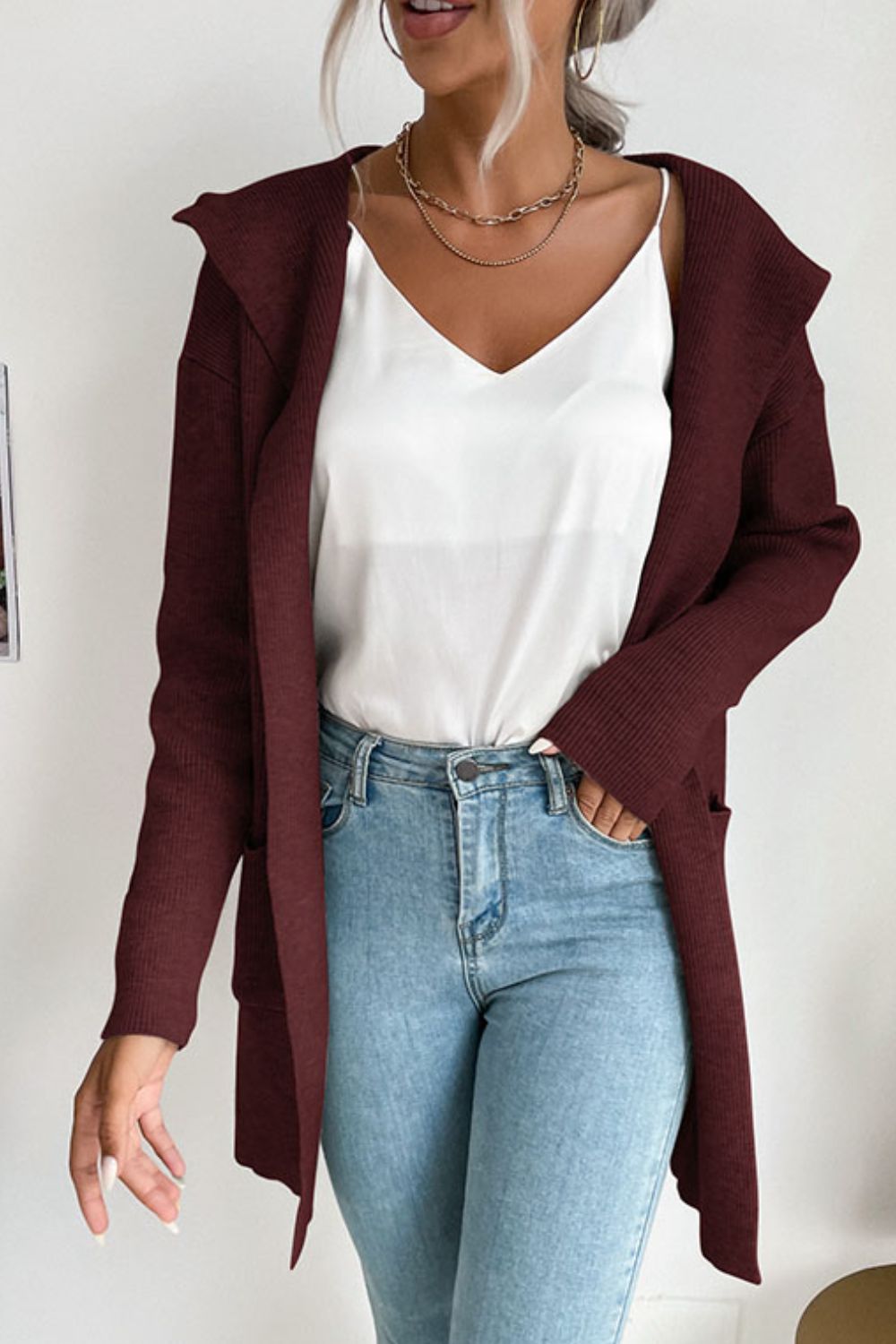 Solid Open Front Hooded Cardigan