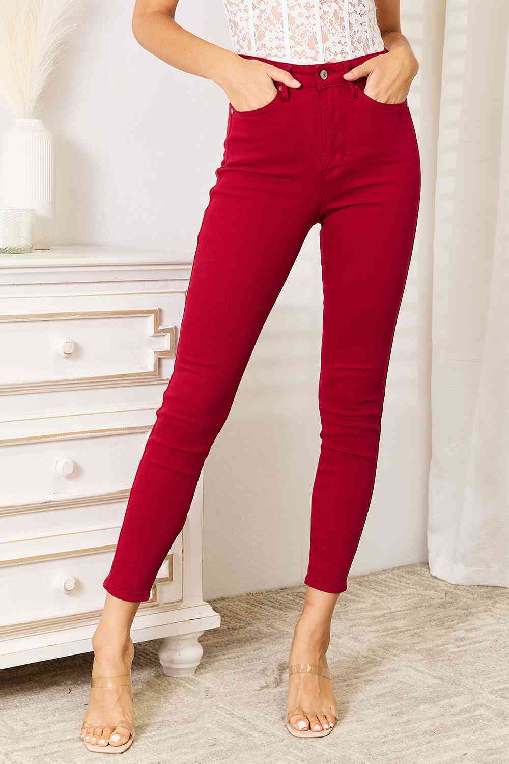 Dark Red High Waist Tummy Control Skinny Jeans