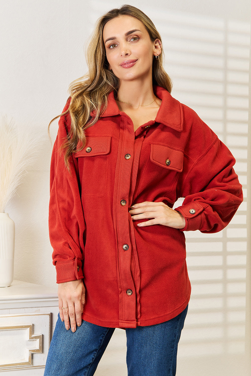 Red-Rust Casual Button Front Jacket