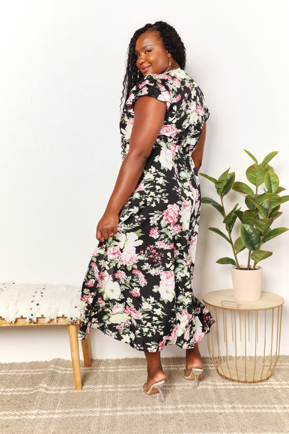 Floral Flutter Sleeve Split Midi Dress